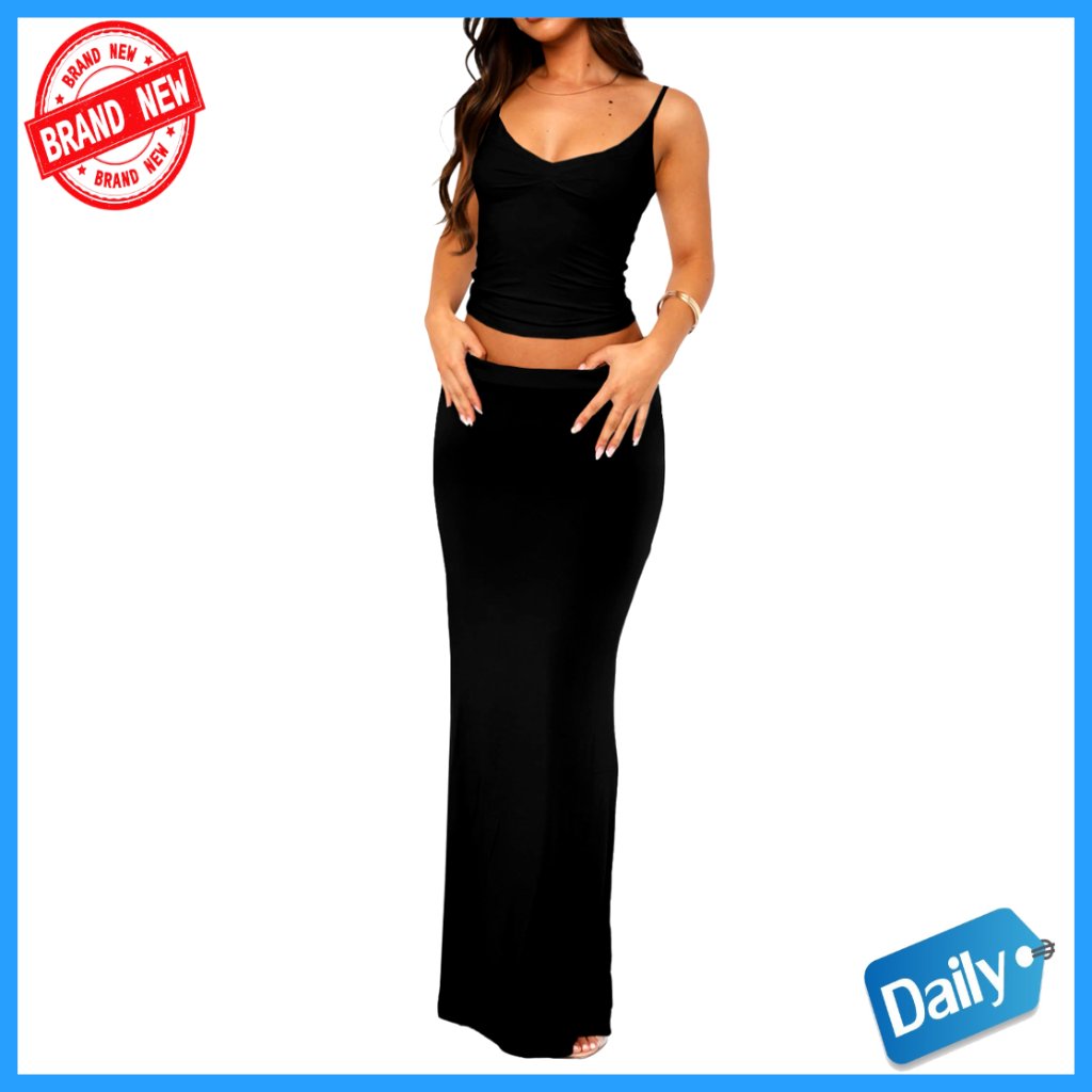 Two Piece Skirt Set Sleeveless Spaghetti Strap Pleated Tank Maxi Long Skirt